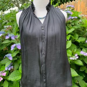 BANANA REPUBLIC deep blue gray sleeveless ruffled neck button front blou…
